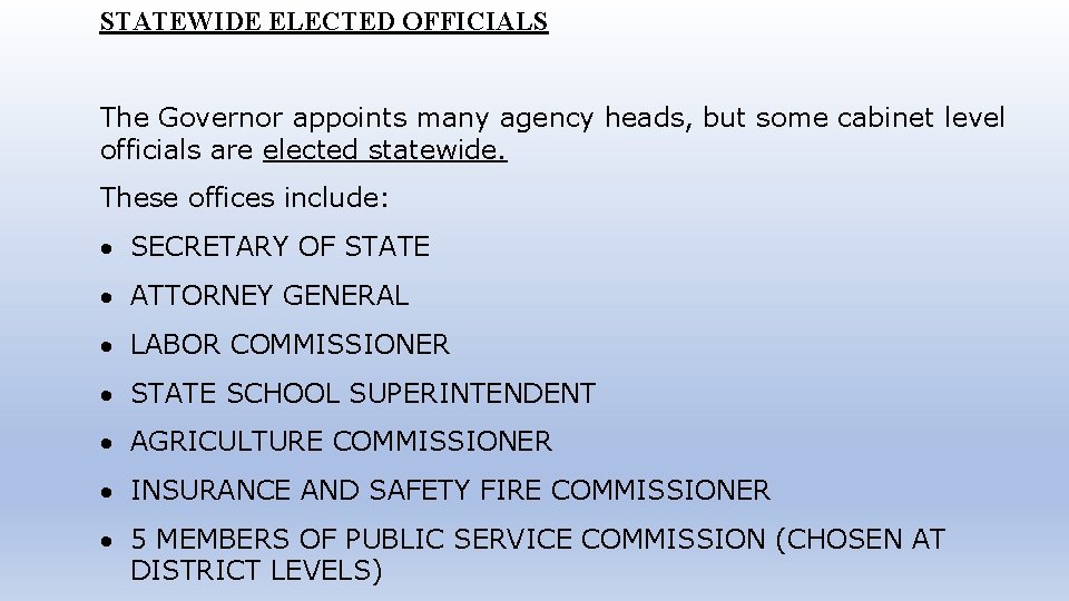 STATEWIDE ELECTED OFFICIALS The Governor appoints many agency heads, but some cabinet level officials