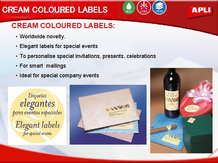 CREAM COLOURED LABELS: • Worldwide novelty. • Elegant labels for special events • To