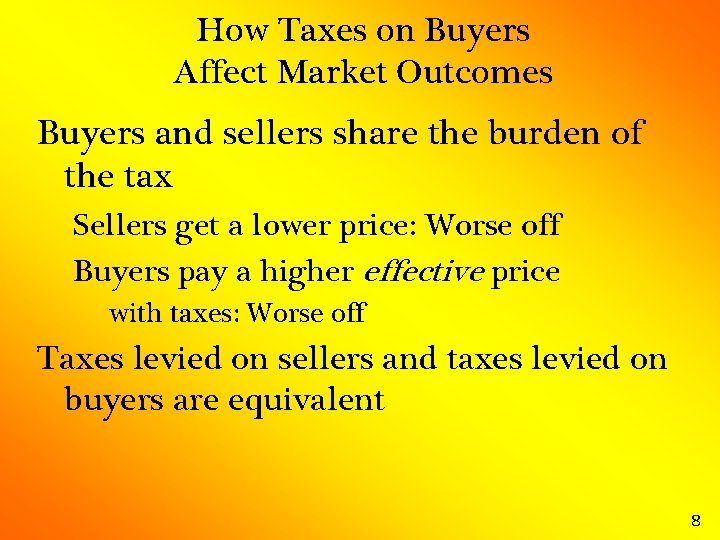 How Taxes on Buyers Affect Market Outcomes Buyers and sellers share the burden of
