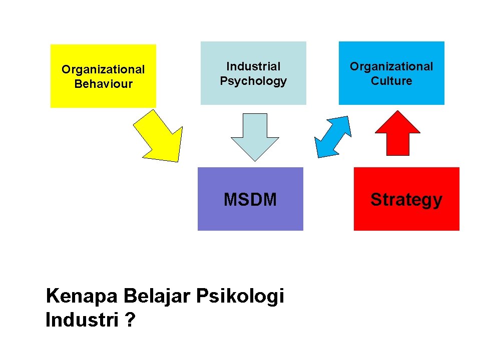 Organizational Behaviour Industrial Psychology MSDM Kenapa Belajar Psikologi Industri ? Organizational Culture Strategy 