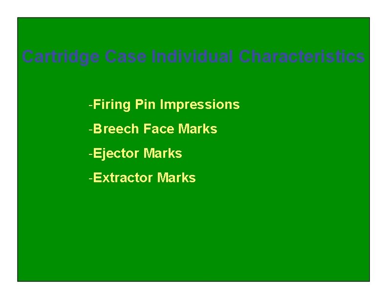 Cartridge Case Individual Characteristics -Firing Pin Impressions -Breech Face Marks -Ejector Marks -Extractor Marks