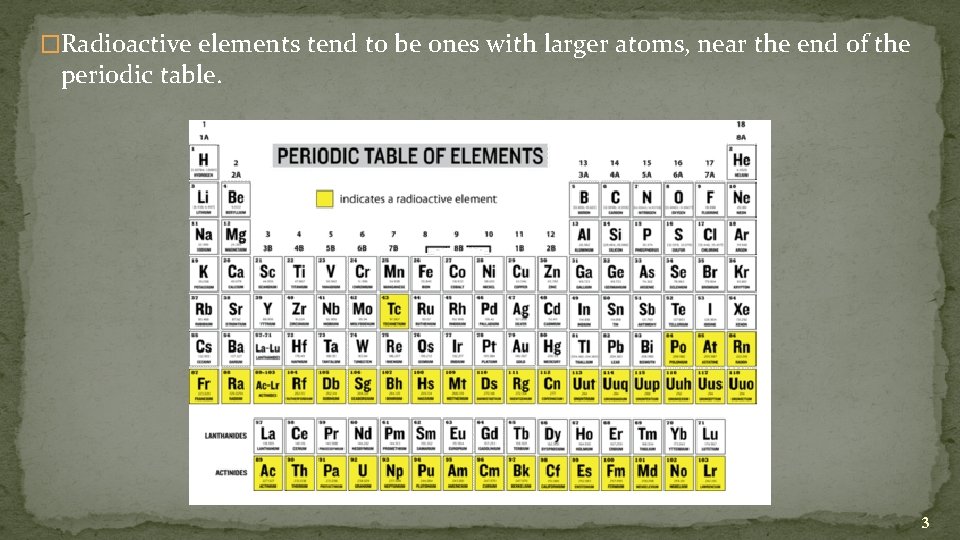 �Radioactive elements tend to be ones with larger atoms, near the end of the