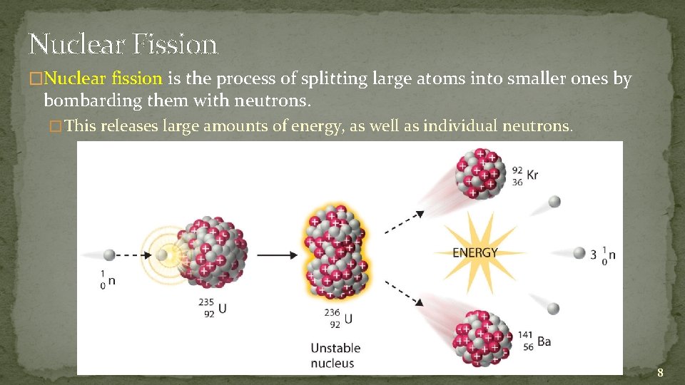 Nuclear Fission �Nuclear fission is the process of splitting large atoms into smaller ones