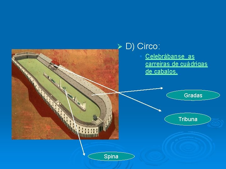 Ø D) Circo: • Celebrábanse as carreiras de cuádrigas de cabalos. Gradas Tribuna Spina