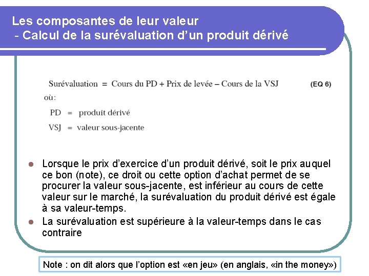 Les composantes de leur valeur - Calcul de la surévaluation d’un produit dérivé Lorsque