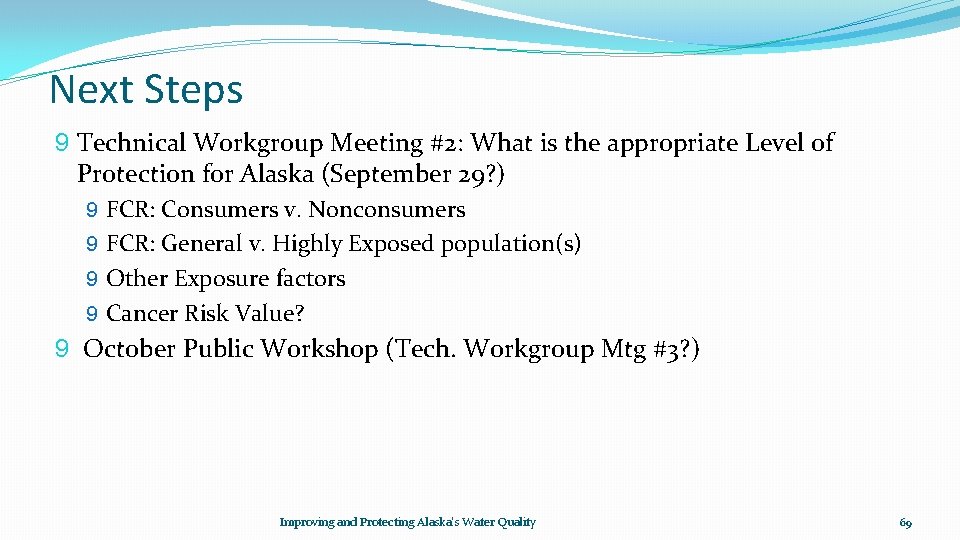 Next Steps 9 Technical Workgroup Meeting #2: What is the appropriate Level of Protection