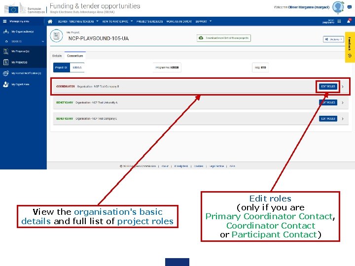 View the organisation's basic details and full list of project roles Edit roles (only View the organisation's basic details and full list of project roles Edit roles (only