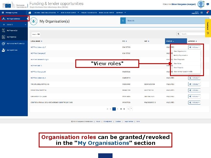"View roles" Organisation roles can be granted/revoked in the "My Organisations" section "View roles" Organisation roles can be granted/revoked in the "My Organisations" section