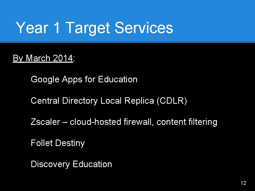 Year 1 Target Services By March 2014: • Google Apps for Education • Central