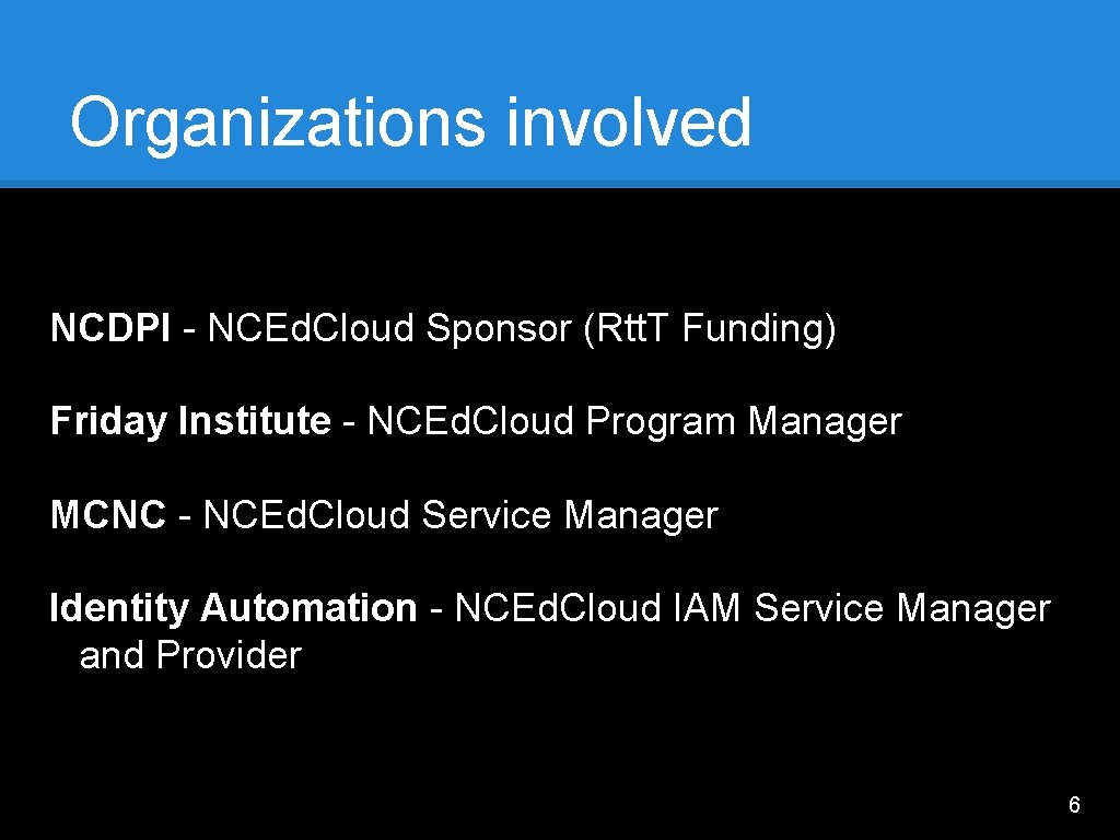 Organizations involved NCDPI - NCEd. Cloud Sponsor (Rtt. T Funding) Friday Institute - NCEd.