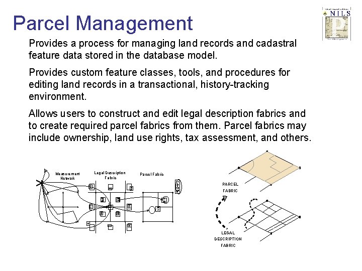 Parcel Management Provides a process for managing land records and cadastral feature data stored