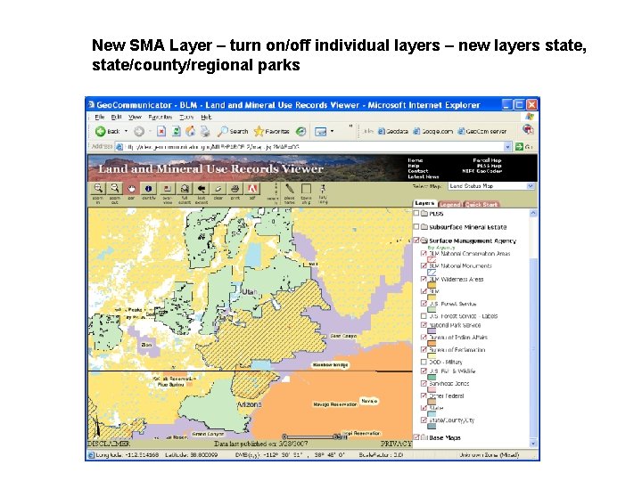 New SMA Layer – turn on/off individual layers – new layers state, state/county/regional parks