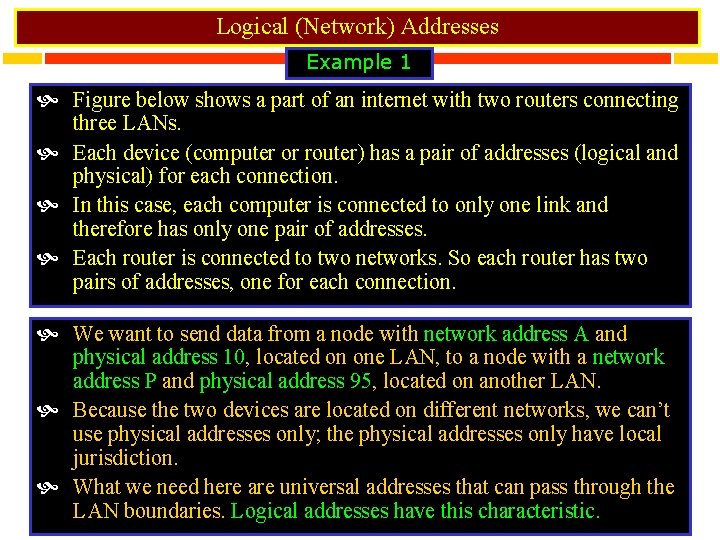 Logical (Network) Addresses Example 1 Figure below shows a part of an internet with