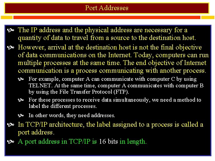 Port Addresses The IP address and the physical address are necessary for a quantity