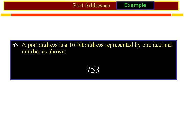 Port Addresses Example A port address is a 16 -bit address represented by one