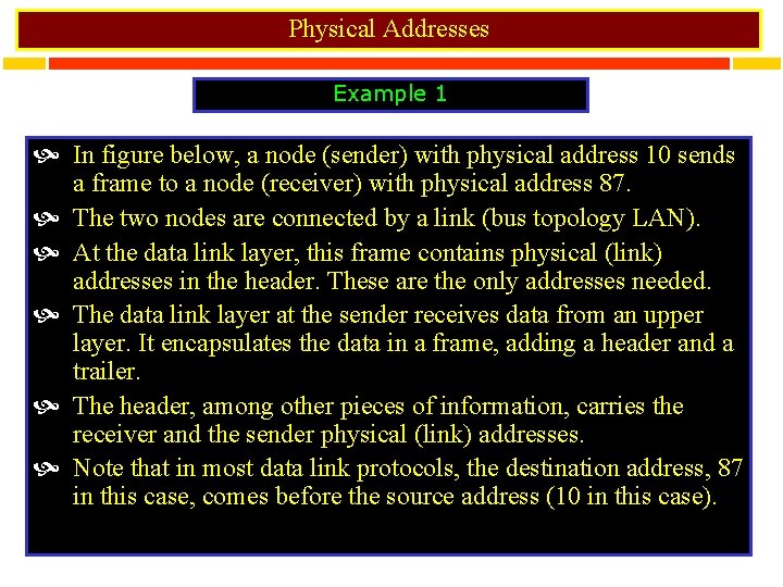 Physical Addresses Example 1 In figure below, a node (sender) with physical address 10