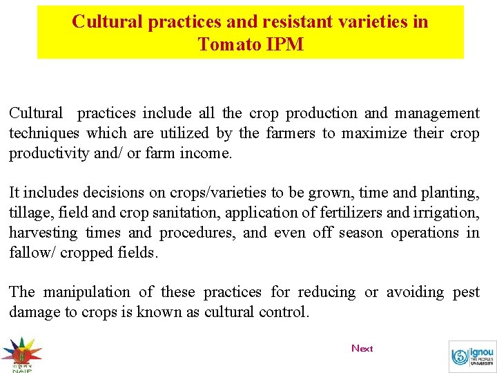 Cultural practices and resistant varieties in Tomato IPM Cultural practices include all the crop