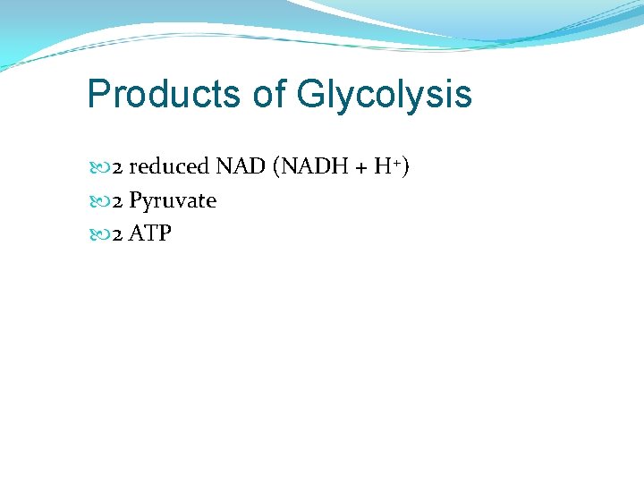 Products of Glycolysis 2 reduced NAD (NADH + H+) 2 Pyruvate 2 ATP 