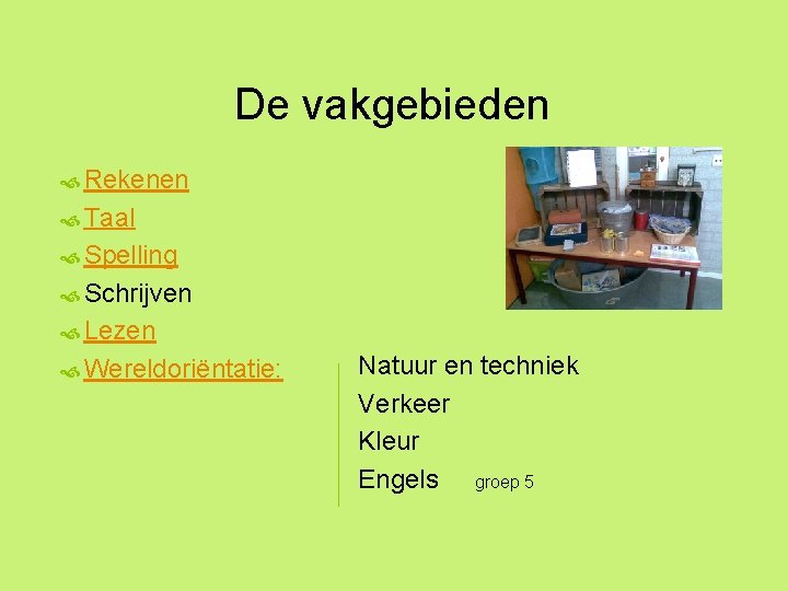 De vakgebieden Rekenen Taal Spelling Schrijven Lezen Wereldoriëntatie: Natuur en techniek Verkeer Kleur Engels