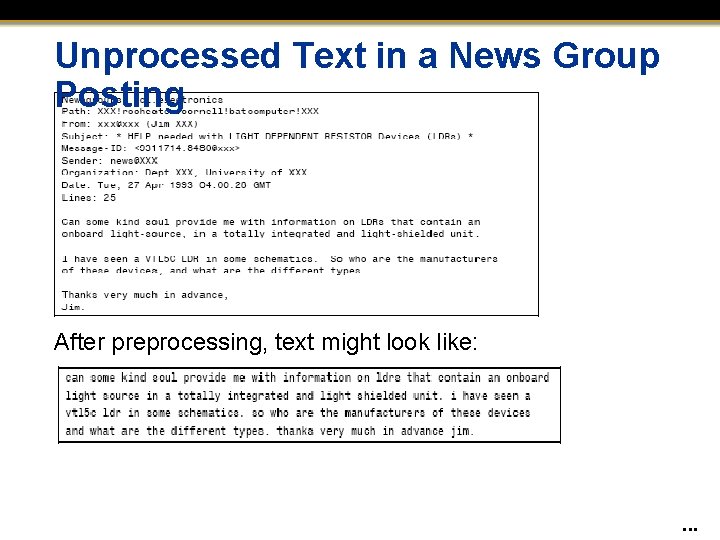 Unprocessed Text in a News Group Posting After preprocessing, text might look like: .