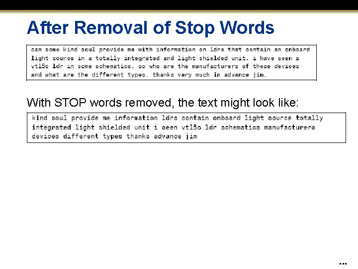 After Removal of Stop Words With STOP words removed, the text might look like: