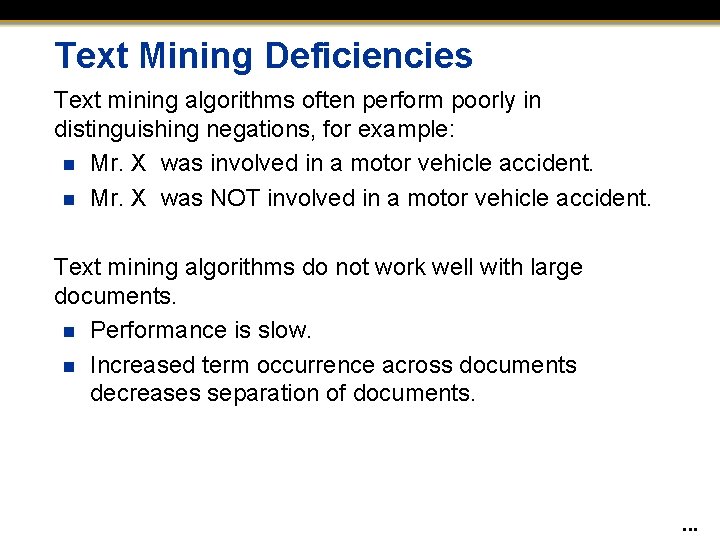 Text Mining Deficiencies Text mining algorithms often perform poorly in distinguishing negations, for example: