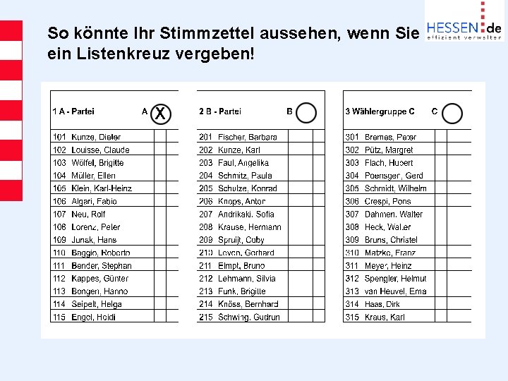 So könnte Ihr Stimmzettel aussehen, wenn Sie ein Listenkreuz vergeben! X 