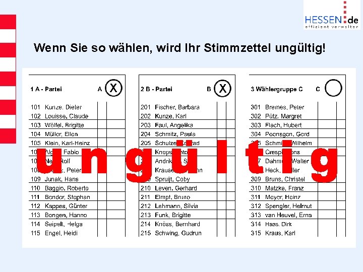 Wenn Sie so wählen, wird Ihr Stimmzettel ungültig! X X 