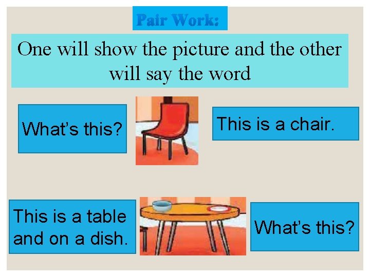 Pair Work: One will show the picture and the other will say the word