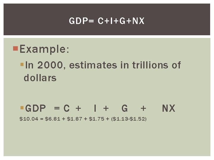 GDP= C+I+G+NX Example: §In 2000, estimates in trillions of dollars §GDP = C +