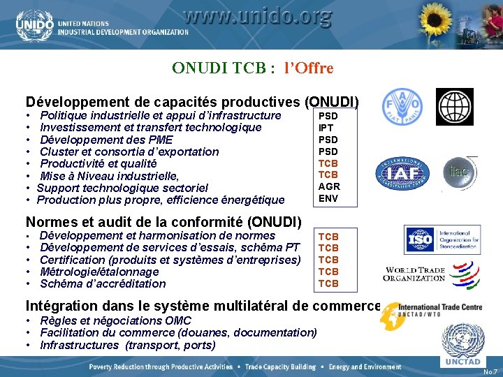ONUDI TCB : l’Offre Développement de capacités productives (ONUDI) • • Politique industrielle et