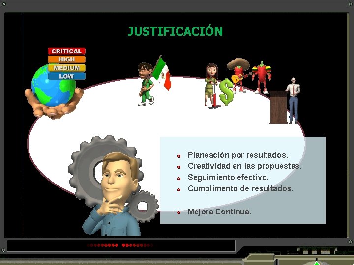 JUSTIFICACIÓN Planeación por resultados. Creatividad en las propuestas. Seguimiento efectivo. Cumplimento de resultados. Mejora