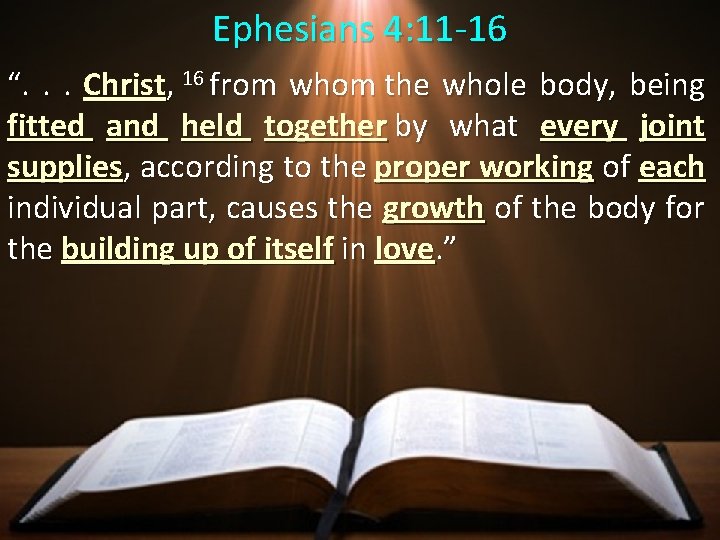 Ephesians 4: 11 -16 “. . . Christ, 16 from whom the whole body,