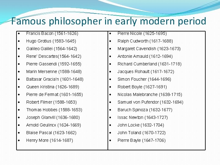 Famous philosopher in early modern period Francis Bacon (1561 -1626) Pierre Nicole (1625 -1695)