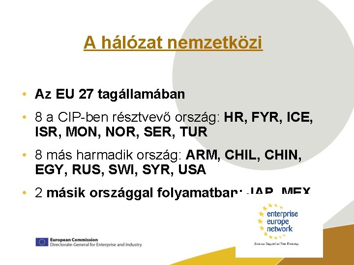 A hálózat nemzetközi • Az EU 27 tagállamában • 8 a CIP-ben résztvevő ország: