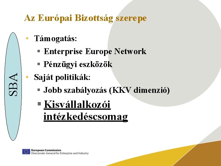 SBA Az Európai Bizottság szerepe • Támogatás: § Enterprise Europe Network § Pénzügyi eszközök