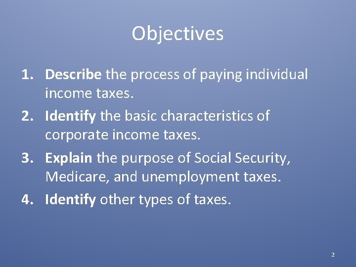 Objectives 1. Describe the process of paying individual income taxes. 2. Identify the basic