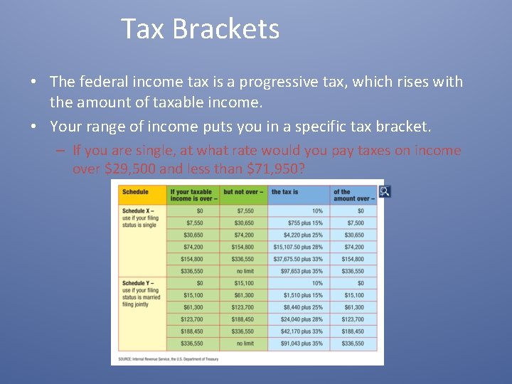 Tax Brackets • The federal income tax is a progressive tax, which rises with