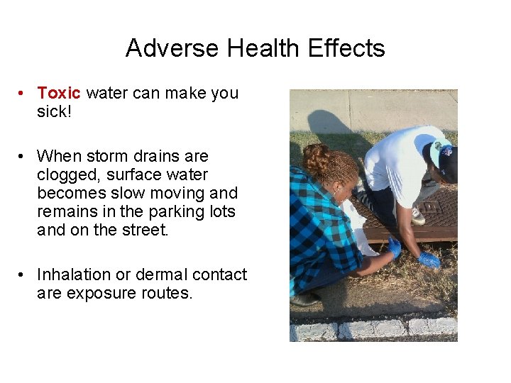 Adverse Health Effects • Toxic water can make you sick! • When storm drains Adverse Health Effects • Toxic water can make you sick! • When storm drains