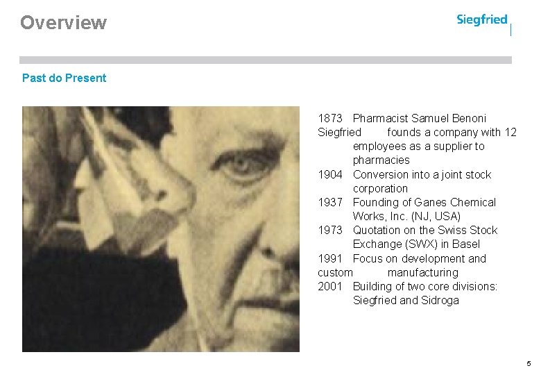 Overview Past do Present 1873 Pharmacist Samuel Benoni Siegfried founds a company with 12