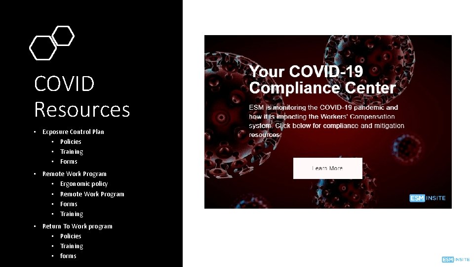 COVID Resources • Exposure Control Plan • Policies • Training • Forms • Remote