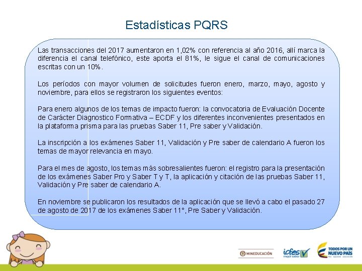 Estadísticas PQRS Las transacciones del 2017 aumentaron en 1, 02% con referencia al año