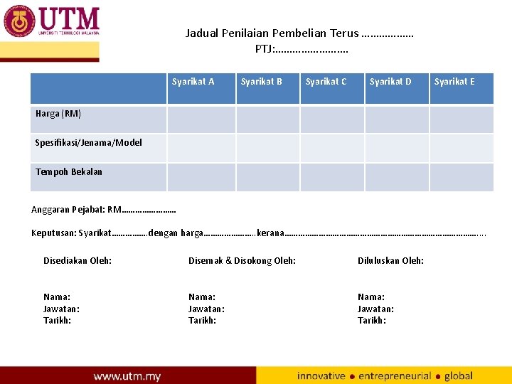 Jadual Penilaian Pembelian Terus ……………… PTJ: …………. Syarikat A Syarikat B Syarikat C Syarikat