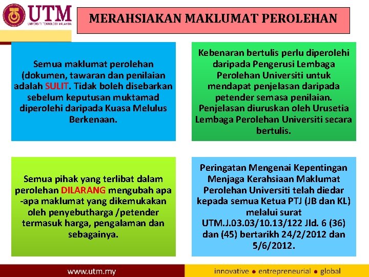 MERAHSIAKAN MAKLUMAT PEROLEHAN Semua maklumat perolehan (dokumen, tawaran dan penilaian adalah SULIT. Tidak boleh