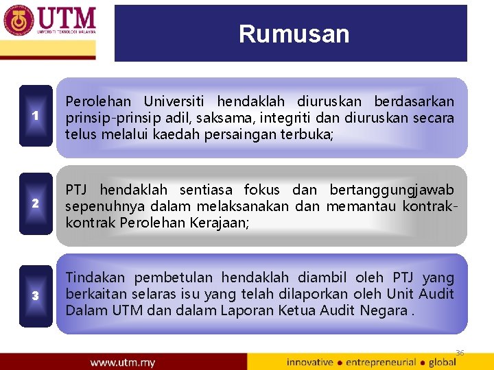 Rumusan 1 Perolehan Universiti hendaklah diuruskan berdasarkan prinsip-prinsip adil, saksama, integriti dan diuruskan secara