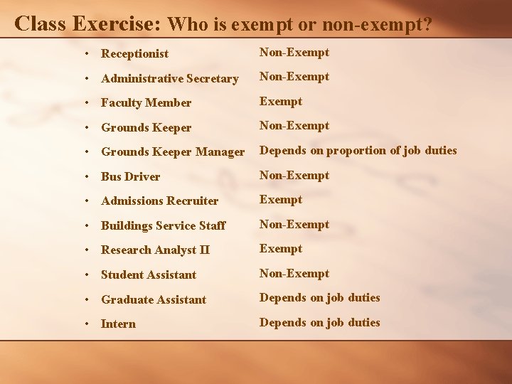 Class Exercise: Who is exempt or non-exempt? • Receptionist Non-Exempt • Administrative Secretary Non-Exempt