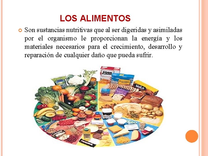 LOS ALIMENTOS Son sustancias nutritivas que al ser digeridas y asimiladas por el organismo