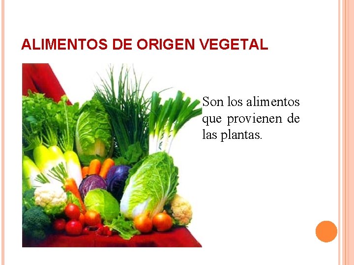 ALIMENTOS DE ORIGEN VEGETAL Son los alimentos que provienen de las plantas. 