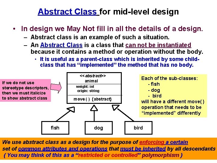 Abstract Class for mid-level design • In design we May Not fill in all