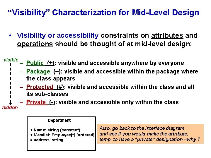 “Visibility” Characterization for Mid-Level Design • Visibility or accessibility constraints on attributes and operations